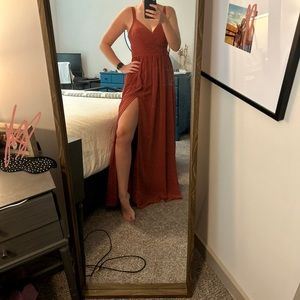 Azazie Chanel A line pleated chiffon floor length dress terracotta *NEVER WORN*